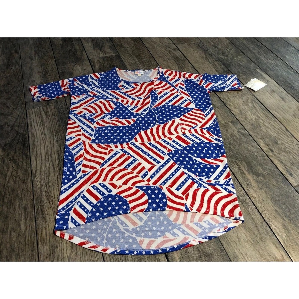 LuLaRoe Women's Irma Shirt Size XXS Patriotic Flag Blue Red